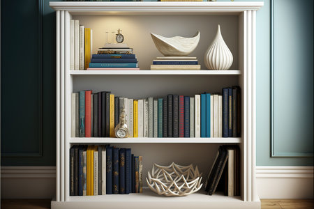 White bookshelf with books and decorations. 3d render.