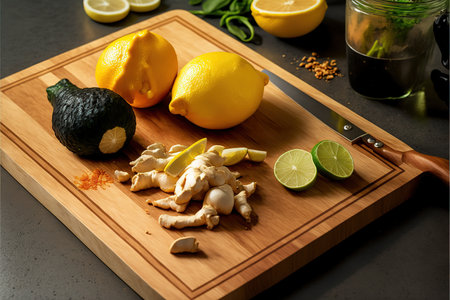 Ginger, lemon and lime on a cutting board on a gray background