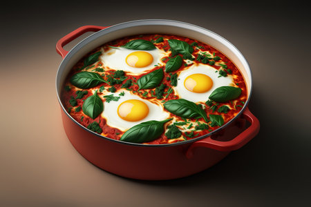 Shakshuka with spinach and eggs in red pan on dark backgroundの写真素材