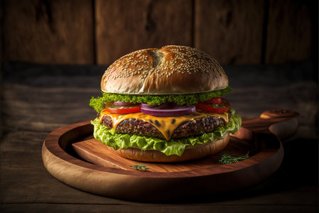 Hamburger with cheese and vegetables on wooden background. Toned.の写真素材