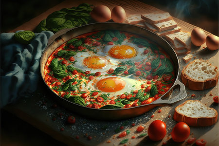 Breakfast with fried eggs and vegetables in a frying pan. 3d renderingの写真素材