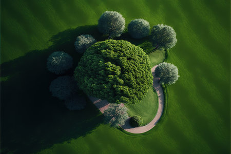 Top view of green park with trees and road. 3d renderingの写真素材