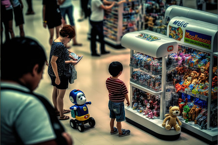 Unidentified man and his son buying toys in a toy store.の写真素材