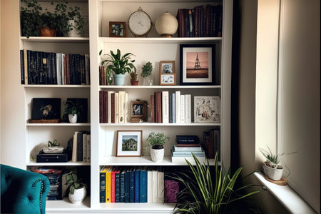 Interior of a living room with bookshelves and plants.