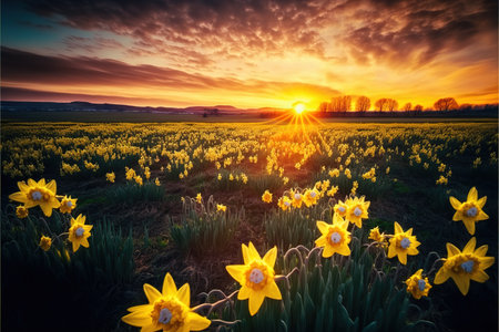 Daffodils field at sunset. Colorful spring landscape.の写真素材