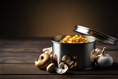 Vegetable stew in a tin can on a wooden table.の写真素材