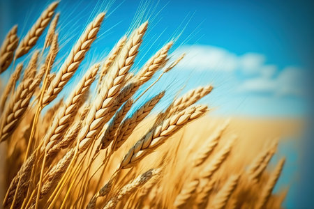Ears of wheat on a background of blue sky with clouds.の写真素材