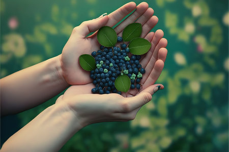 Hands holding fresh blueberries with green leaves. 3D renderingの写真素材