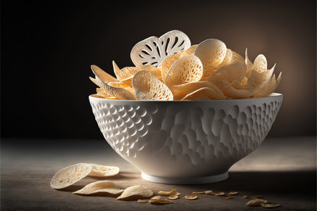 Potato chips in a white bowl on a dark background with copy space