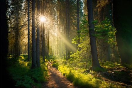 Beautiful sunrise in the forest with sun rays shining through the treesの写真素材