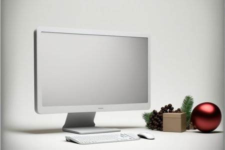 Computer display with christmas decorations on white background. 3D rendering.の写真素材