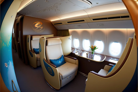 Interior of a commercial airplane with seats and seats. 3d render