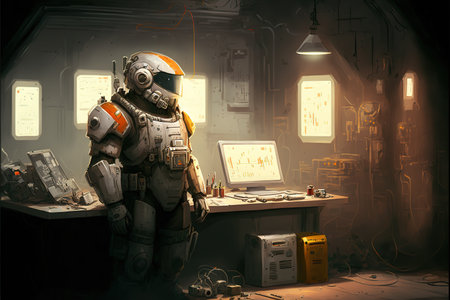 Astronaut in an abandoned space station. 3D rendering.