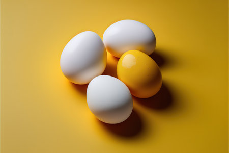 White and yellow eggs on a yellow background. 3D illustration.の写真素材