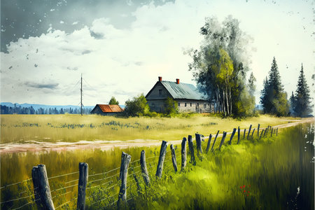 Beautiful rural landscape with old farm house and fence. Digital painting.の写真素材