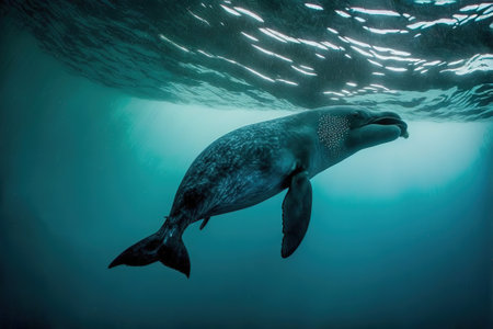 Whale swimming in the ocean. Underwater photography of a whale.の写真素材