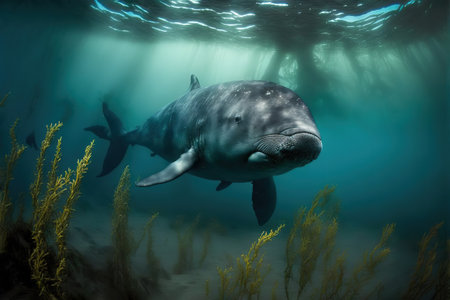 Whale swimming in the ocean. Underwater photography of a whale.の写真素材