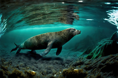 Sea lion swimming in the ocean. Aquatic animal. Wildlife scene.