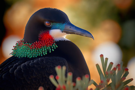 Portrait of a frigatebird with a bright red and green eye