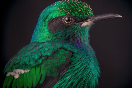 Close-up portrait of a green bird on a black background.の写真素材