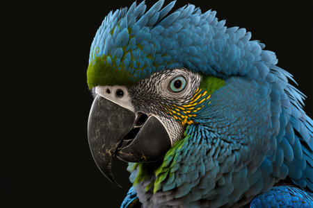 Portrait of a blue-and-green macaw on a black backgroundの写真素材