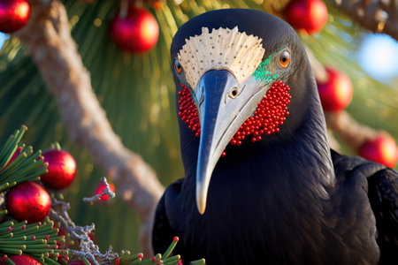 Close-up portrait of a black crow with red christmas ballsの写真素材
