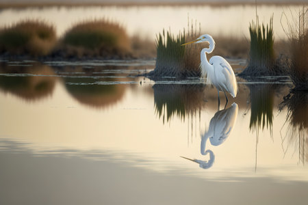 Great egret (Ardea alba) reflected in waterの写真素材