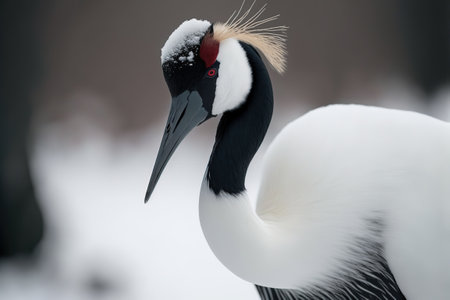 Red Crowned Crane, Grus japonensis, single bird on snow, Hokkaido, Japanの写真素材