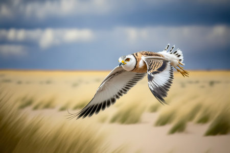 Common barn owl (Bubo bubo) flying over the dunesの写真素材