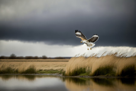 A seagull flying over a lake in the countryside of Englandの写真素材