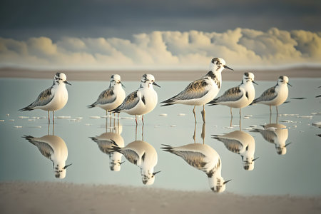 Group of seagulls standing on the shore of a lakeの写真素材