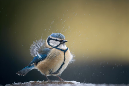 Blue tit (Cyanistes caeruleus) in winterの写真素材