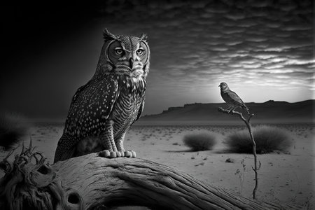 Owl sitting on a branch in the desert. Black and white.の写真素材