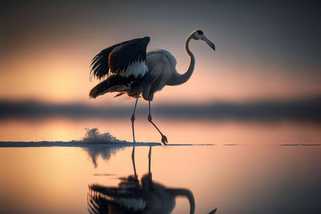 Greater flamingo (Phoenicopterus roseus) at sunriseの写真素材