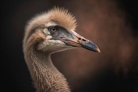 Portrait of a beautiful African ostrich on a dark background.の写真素材