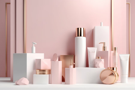 Elegant cosmetic products arranged on podiums with a pastel pink backdrop, showcasing a variety of skincare packaging.の素材