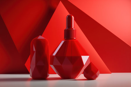 Red geometric perfume bottle on a red background with dramatic shadows and highlights.の素材