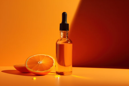 Essential oil bottle with dropper and sliced orange on a vibrant orange background with shadows.の素材