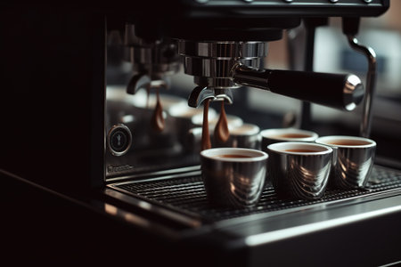 Cup coffee beans wooden. Hot espresso and coffee bean. Espresso coffee machine.の素材