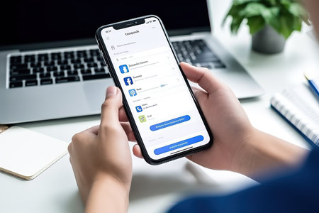Close-up of a person's hand holding a smartphone with social media on screen, laptop and notebook in the background.の素材