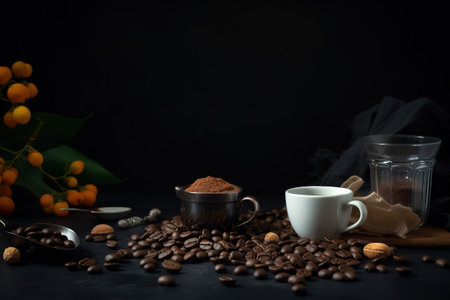 Cup coffee beans wooden. Hot espresso and coffee bean. Espresso coffee machine.の素材