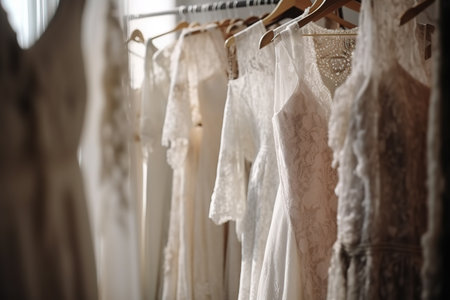 Elegant white lace dresses hanging on wooden hangers with a soft focus background.の素材