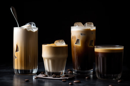 Cup coffee beans wooden. Hot espresso and coffee bean. Espresso coffee machine.の素材