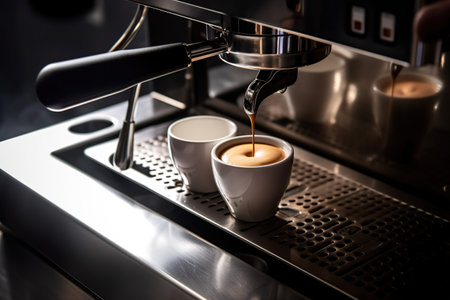 Cup coffee beans wooden. Hot espresso and coffee bean. Espresso coffee machine.の素材