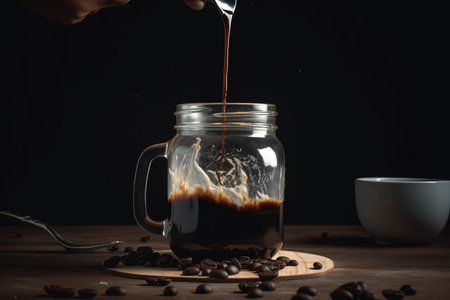 Cup coffee beans wooden. Hot espresso and coffee bean. Espresso coffee machine.の素材