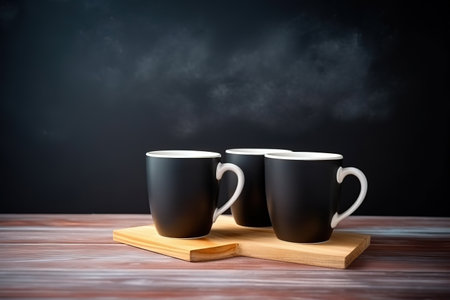 Cup coffee beans wooden. Hot espresso and coffee bean. Espresso coffee machine.の素材