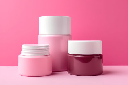 Set of beauty products in a row on white table against pink backgroundの素材