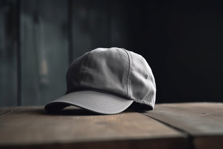 Gray baseball cap on a wooden surface with a blurred background, conveying a casual and sporty vibe.の素材