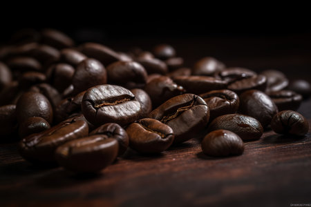 Cup coffee beans wooden. Hot espresso and coffee bean. Espresso coffee machine.の素材
