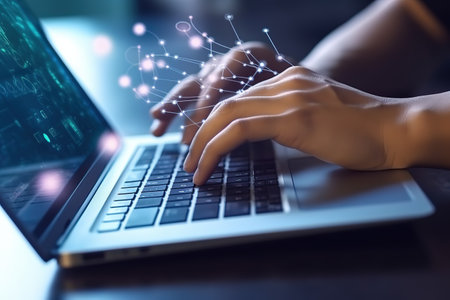 Close-up of hands typing on laptop with digital network connection concept.の素材